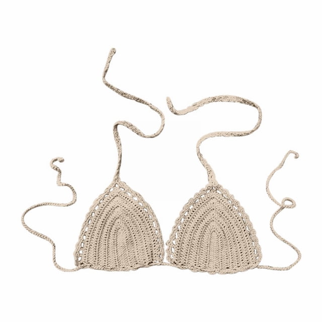 Hemlock Solid Color Hand Crochet Bikini Tops, Solid Color Hand Crochet Bikini Top, Euramerican Style, Summer Swimsuit, Beige Euramerican Swimsuit, Beige S, Size S-L