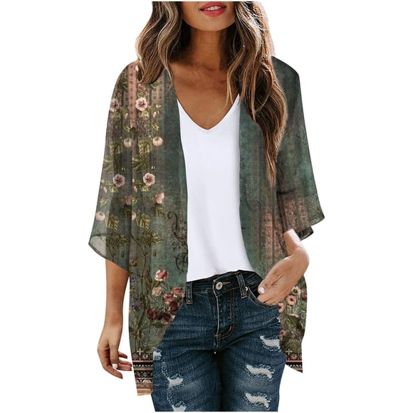 LOVZFMLL Cardigan pour Femmes, Kimono Cardigan à Manches Bouffantes à Imprimé Floral, Ample, en Mousseline, Couvre-Maillot, Blouse Décontractée, Hauts