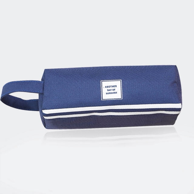 RKSTN Pencil Case Large Capacity Portable Large-capacity Double-layer Pencil Case in a solid navy blue color with a minimalist design. Features a rectangular shape with a white stripe detail and a writable name tag labeled 'Another Day of Sunshine.' Made of durable canvas fabric with a nylon lining, it offers a smooth zipper closure and a handle for portability. Suitable for storing up to 40 pens, pencils, a 20cm ruler, or other accessories. Ideal for school, office, or travel use, and can also function as a coin or cosmetic bag.
