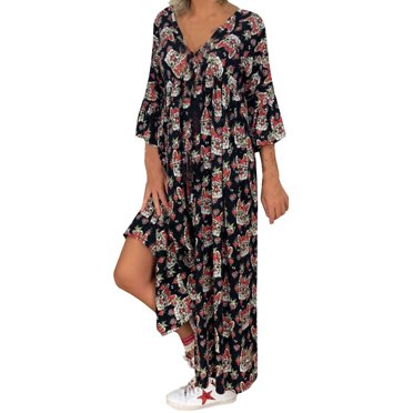 Fridja Robe Longue Maxi Ample à Manches Longues à Col en V Imprimée pour Femmes Dames Grande Taille