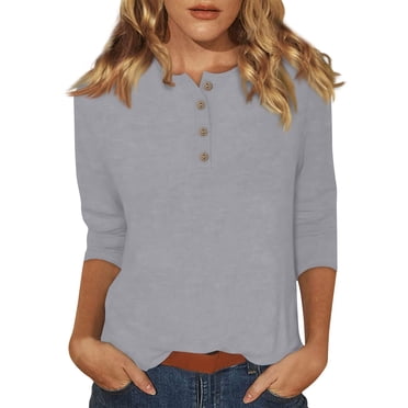 DENGDENG Ladies Tops and Blouses 3/4 Sleeve Casual Button Down Tshirts Summer Crew Neck Elbow Tunic Tops Cute Three Quarter Length Shirts Petite Business Pullover Gray XL