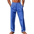 thumbnail image 4 of Royal Blue Spandex Faux Linen for Man Fall Summer Lounge Ruched Paperbag Straight Leg Elastic Waist Basic Long Leg Pants Man 2025 Clothes Regular Fit XL, 4 of 8