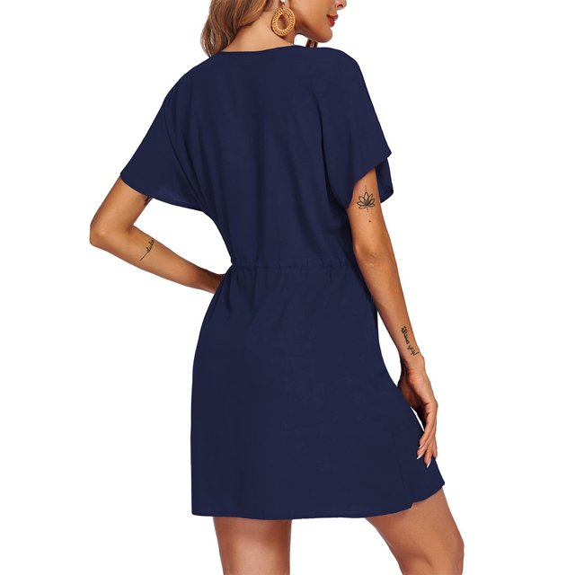 Robes à Col en V pour Femmes Mode Taille S-TTG Manches Courtes Jupe de Plage au-Dessus du Genou Robe Unie Robe d'Été Mode Urbaine Bleu Foncé S