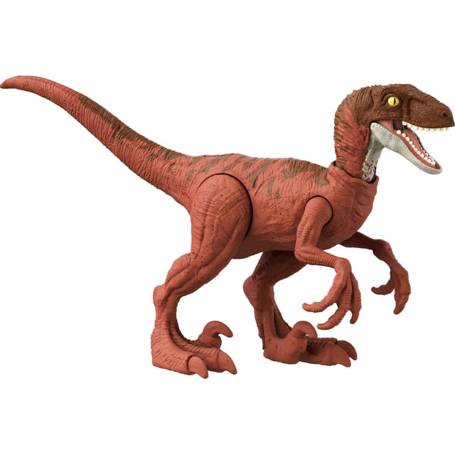 Jurassic World Dinosaur Danger Pack Lost World: Jurassic Park Raptor Action Figure Toy showing a 3/4 profile of a reddish-brown raptor with articulated joints, textured skin, yellow eyes, open mouth with teeth, and detailed claws, suitable for play and augmented reality features.