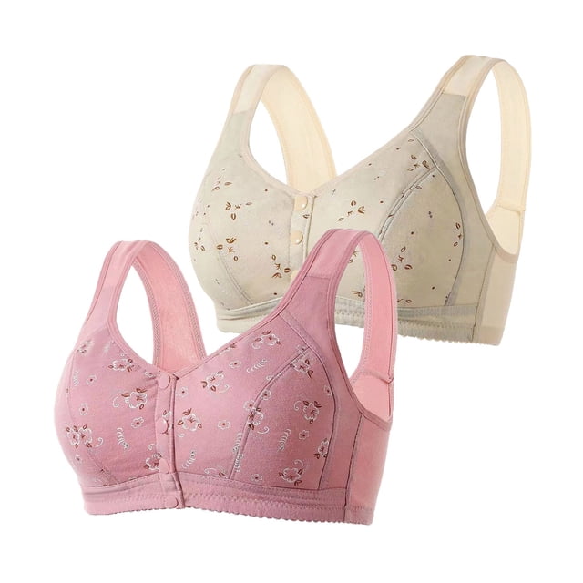 AherBiu 2pc Plus Size Bras for Women High Support Wireless Floral Bralettes Lift up Front Closure Button Everyday Bra