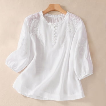 Meichang Embroidered Linen Blouses For Women Retro Henley Neck 3/4 Lantern Sleeve Tops Flowy Floral Embroidery Cotton Linen Shirts Tops