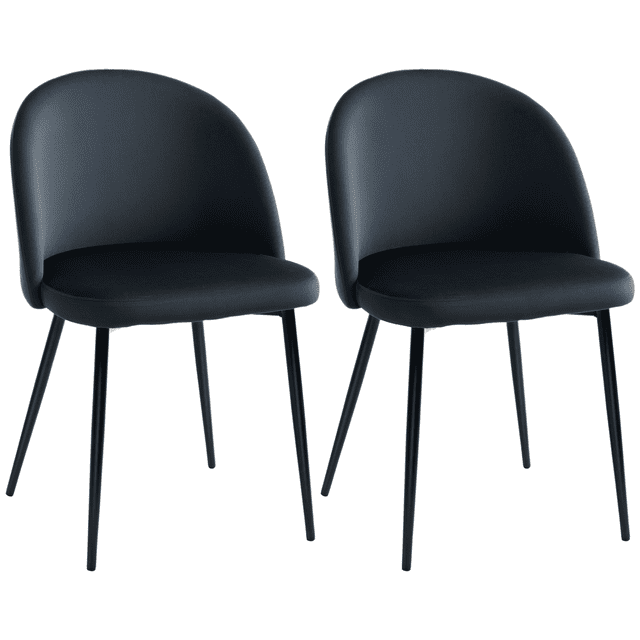 HOMCOM Dining Chairs Set of 2 with mid-back velvet-touch upholstery in black. Each chair measures 19.3 inches wide, 19.7 inches deep, and 30.3 inches high, featuring a curved backrest, deep cushioning, and a wide seat supported by four angled metal legs. Ideal for dining rooms, living rooms, or home offices.