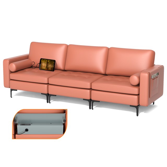 Costway Modular 3-Seat Sofa Couch with Socket USB Ports & Side Storage Pocket Coral Pink
