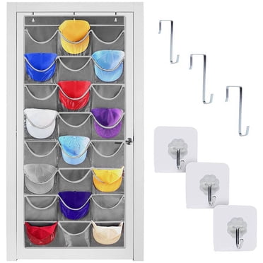 Porte-casquettes de Baseball à 24 Poches pour l'Organisation Murale Ou de Porte, Poches en PVC Transparent avec 3 Crochets pour le Rangement des Casquettes, Format 65x26 Pouces, Durable pour l'Exposition dans le Placard