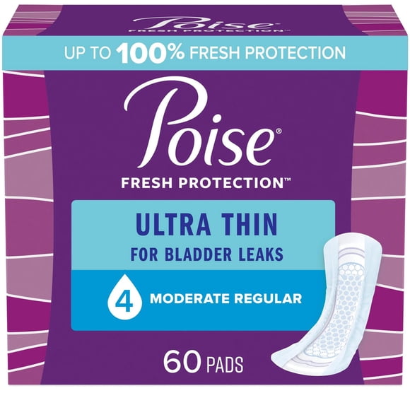 Poise Ultra Thin Incontinence Pads for Women, 4 Drop, Moderate Absorbency, Regular, 60Ct