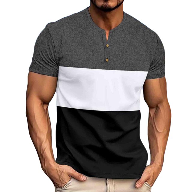 T-Shirt à Manches Courtes à Blocs de Couleur pour Homme, Col Henley, Coupe Ajustée, Gris Foncé, TG