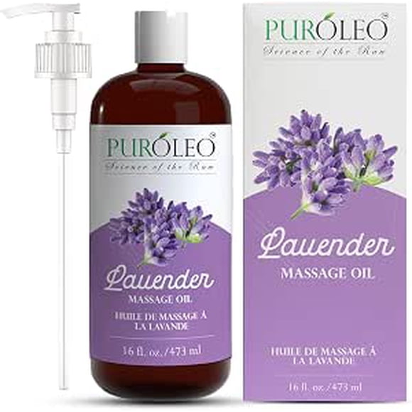 PUROLEO Lavender Massage Oil 16 Fl Oz/473 mL (Made In Canada)– All-Natural Blend of Coconut, Almond & Jojoba Oils for Hair, Body & Face, Perfect for Massage Therapy