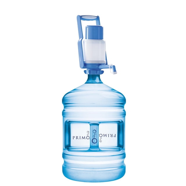 Primo® Portable Water Dispenser mounted on a 5-gallon translucent blue water bottle with a blue pump handle and spout, designed for dispensing purified water at home or office and suitable for portable water dispensing.