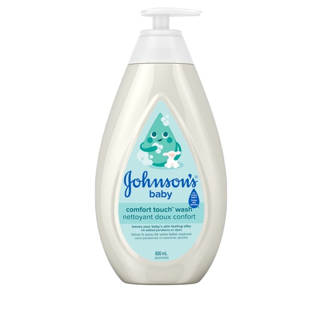 Johnson's Baby Comfort Touch Wash 800 mL pump bottle in light beige with a blue label showing a cartoon water droplet and lamb, hypoallergenic and free of parabens and dyes, designed for gentle cleansing and softening of baby's skin in bath and body care.