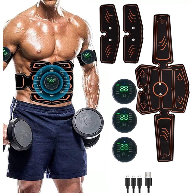 HAHADAXA Stimulateur ABS Équipement d'Entraînement Ab, une machine Ab avec une Ceinture d'Extension pour l'Entraînement du Corps. l'Image Affiche la Ceinture Appliquée à l'Abdomen d'Un Modèle Masculin, avec des Coussinets de Bras Supplémentaires pour la stimulation Musculaire. l'Ensemble Comprend la Ceinture Ab, des Coussinets de Bras, des Contrôleurs Numériques avec des Écran LED, et un Câble de Recharge USB. la Ceinture Présente des Coussinets Intégrés Activés par l'Eau, Éliminant le Besoin de Coussinets de Remplacement Ou de gel. Elle Offre 8 modes et