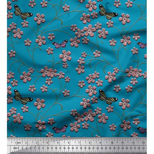 Soimoi Rayon Crepe Fabric Insect,Leaves & Flower Floral Fabric Prints by Yard 46 Inch Wide