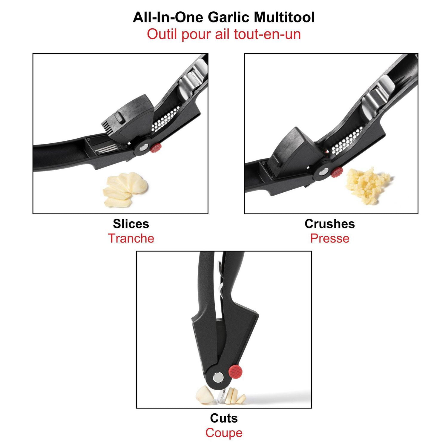 tarfrit All-In-One Garlic Multitool, Slice Press Cut Garlic Fast, Stainless Steel Grid, Pivot Pusher, Integrated Scraper, Easy Cleaning, Dishwasher Safe, Garlic Tool