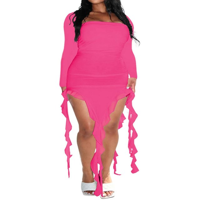 Women Long Dress Long Sleeve Square Neck Slit Dress Irregular Ruffled Dress Cocktail Dress