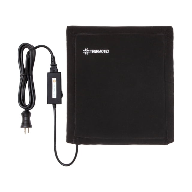 THERMOTEX THERAPY FAR INFRARED HEATING PAD - Gold, featuring a black rectangular design with a single patented far infrared insert. The pad is connected to a power cord with a control unit. Designed for pain relief and inflammation reduction, it penetrates up to 2.36 inches into the body to target larger muscle groups like the hips, back, and hamstrings. Ideal for muscle pain, arthritis, and post-activity recovery.