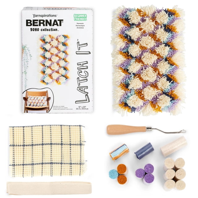 Bernat® Latch itTM Boho Collection Kit de Fil Acrylique avec une Housse d'Oreiller à Crochet à Loquet en Fils Crème, Violets, orange et Bleus Formant un Motif en Losanges, Montré avec Outil à Crochet à Loquet, Grille de Toile, Lots de Fil et Bande de Tissu pour Fabriquer une Housse d'Oreiller Décorative de 12 par 20 Pouces Idéale pour des Projets de Déco Maison.