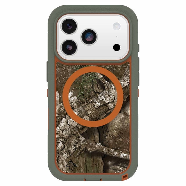 OtterBox Defender Pro XT Clear MagSafe Case w/Camera Control Realtree Apx (Green) for iPhone 17 Pro with a clear back displaying Realtree Apx camouflage in brown and green, green rubber edges with orange accents, raised lips for camera and screen protection, built-in MagSafe magnets, and integrated anchors for straps, offering rugged dual-layer defense and secure grip.