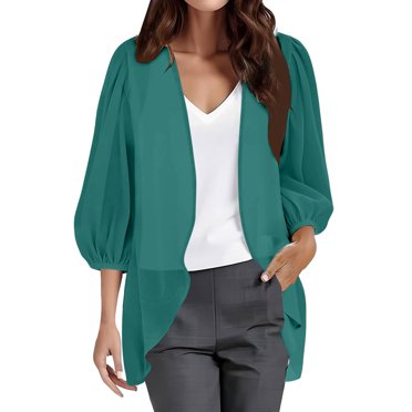 ManxiVoo Cardigan en Mousseline Boho pour Femme à Manches Lanterne, Transparent, Coupe Ample, Tenue de Plage pour Bord de Piscine et Centres de Villégiature, Taille TG, Vert Menthe