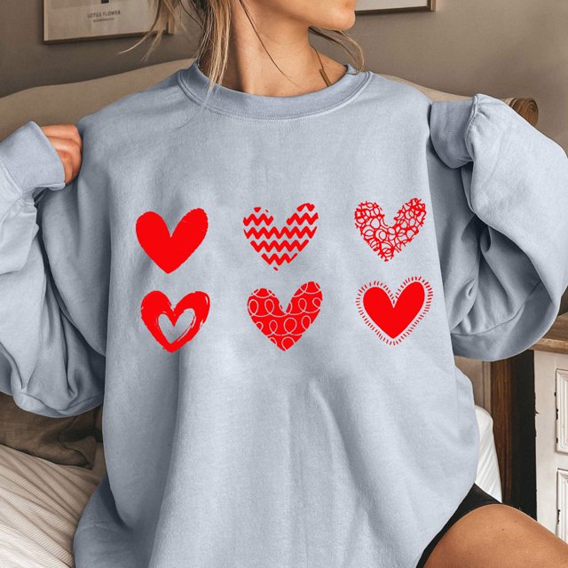Qertyioot Chandail Cœur d'Amour Saint-Valentin, s Imprimé Mode Femme Manches Longues Col Rond Imprimé Blouse Ample Hauts