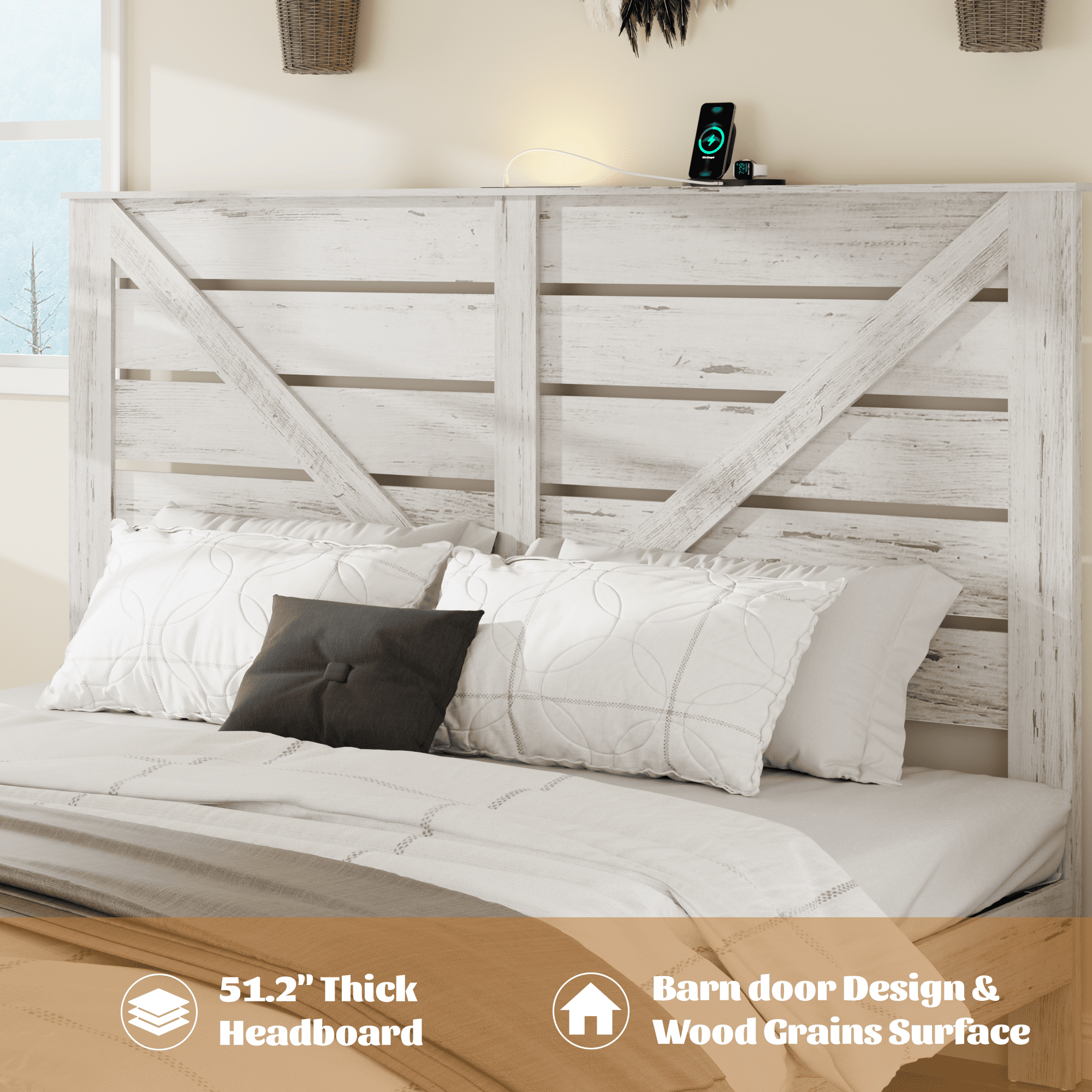 Noble House Queen Wood Platform Bed,Underbed Storage & Charging Station with White Headboard Light,Metal Base,White