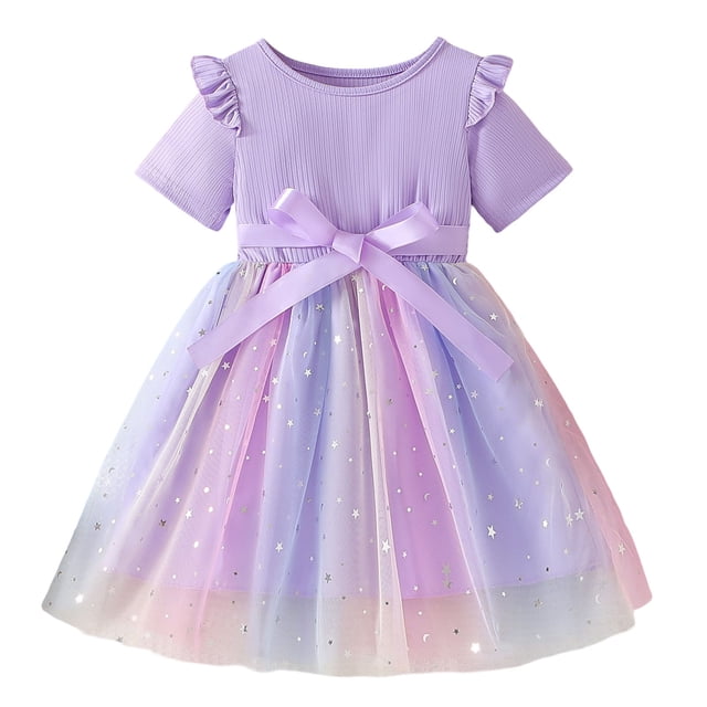MIASHUI Robe Tutu en Tulle pour Bébé Fille, Tout-Petit, à Volants, Manches Courtes, Fleur, Princesse, Robe d'Été de Fête, Violet Pâle, 7-8 Ans