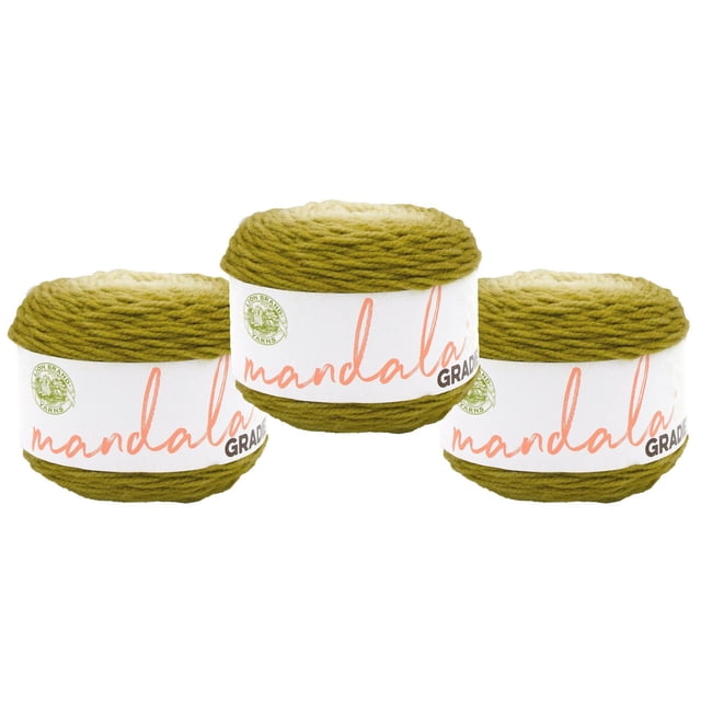 Lion Brand Mandala® Gradient Yarn #4 Medium/Worsted Yarn 150g/270m 3-Pack with three olive green gradient yarn cakes wrapped in white labels featuring the Mandala logo, composed of 90% acrylic and 10% nylon, machine washable, suitable for knitting, crochet, and crafting projects.