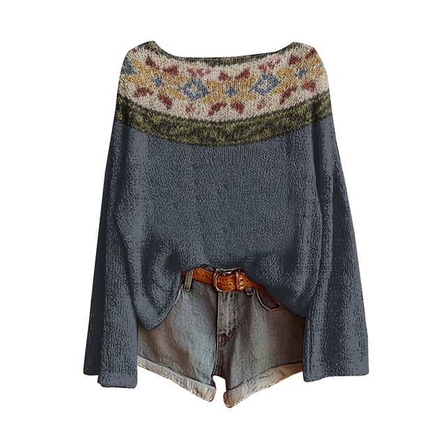 WTXUE Chandail Fair Isle Vintage Léger pour Femmes, Col Rond Décontracté, Manches Longues, Tricot, Haut à Enfiler, Imprimé Artistique, Vintage Fair Isle Rétro, Chandail Surdimensionné, Chemisiers Confortables, Doux, Hauts Boho, Gris, TTG