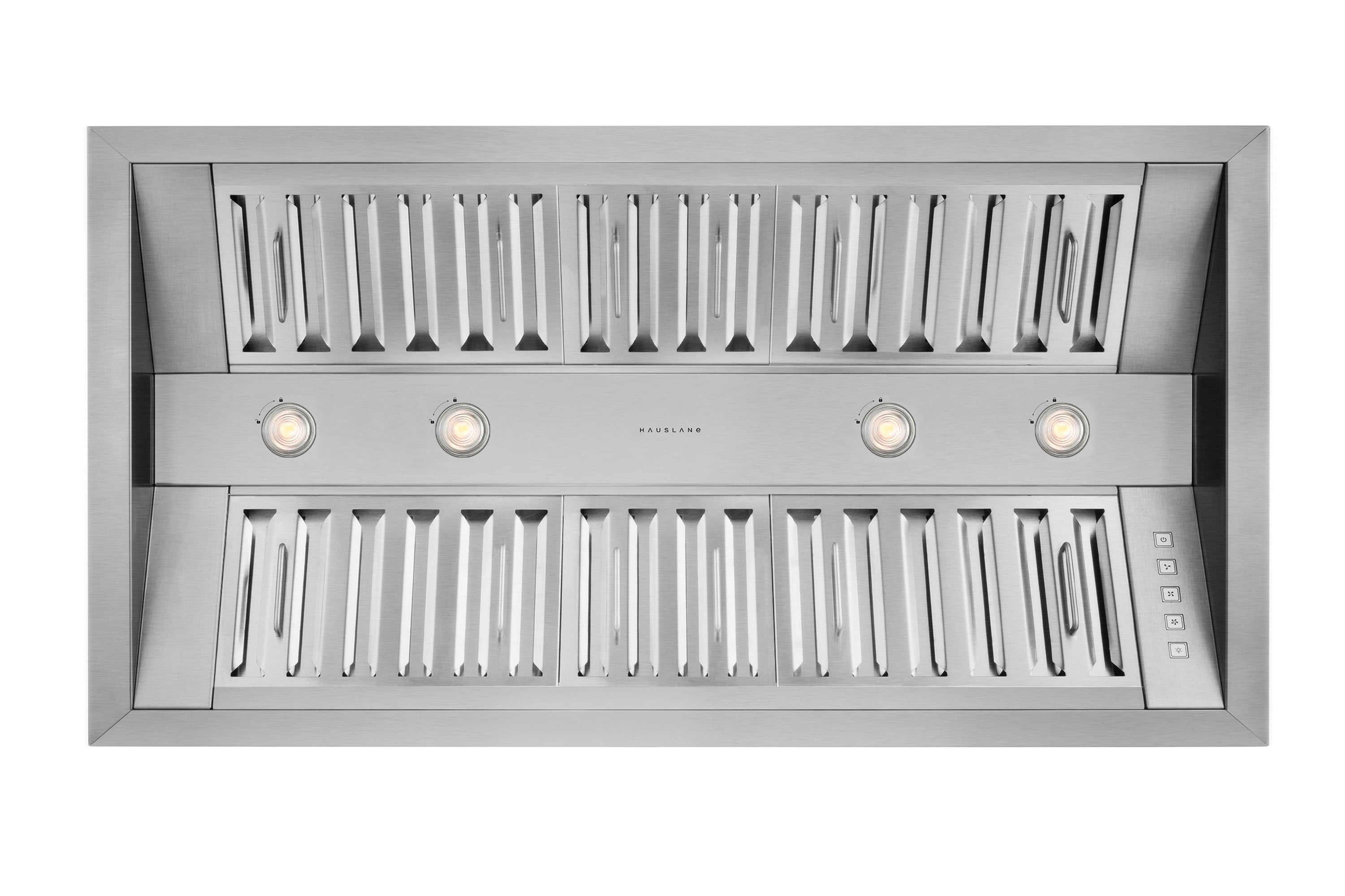 Hauslane | Pro-Style 46” IN-R300 Built-In Range Hood, 21” Deep | Low Noise Performance | Contemporary Design, Full-Size Handles, Professional-Grade Baffle Filters, LED Lamps, Stainless Steel
