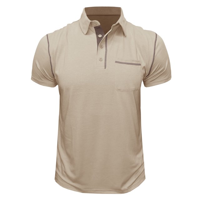FAIWAD Men's Short Sleeve Shirts Lapel Button Down Tops Stretch Breathable Pullover Tops with Pocket. This beige short-sleeve shirt features a lapel collar, button-down front, and a single chest pocket. Made from lightweight and breathable polyester, it offers a comfortable and relaxed fit. The shirt is designed with subtle stitching details along the shoulders and pocket for added style. Suitable for casual outings, work, or everyday wear.