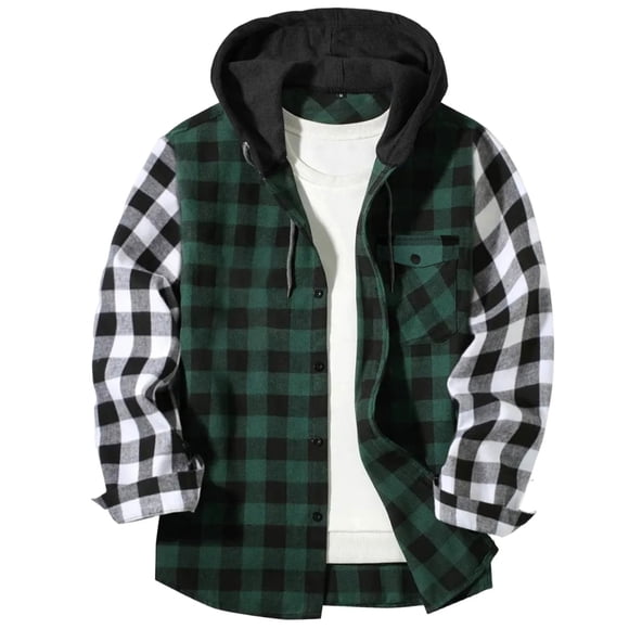 Grrvtrz Men's Plaid Hoodie Flannel Shirt Fashion Patchwork Color Lightweight Jacket Long Sleeve Casual Hooded Button Down Shirts