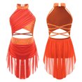 thumbnail image 1 of TiaoBug Robe de Danse Lyrique pour Filles Jupe Asymétrique à Sequins Col Licou Justaucorps de Patinage Artistique Robe Orange Fluorescent 14, 1 of 6
