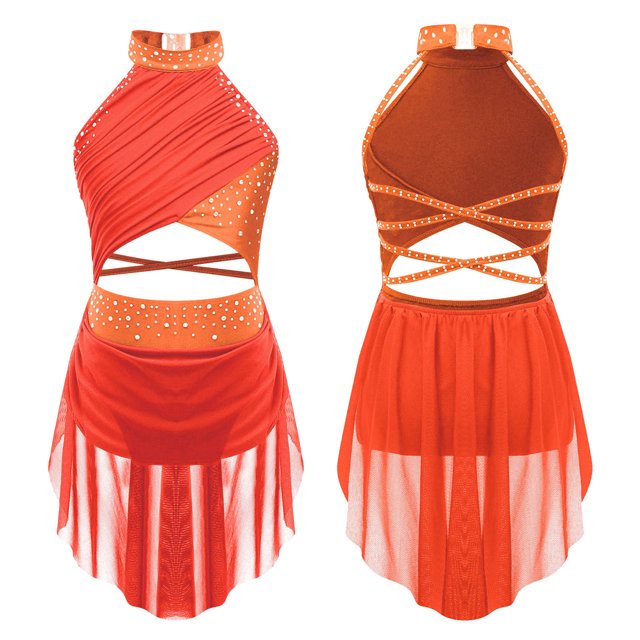 TiaoBug Robe de Danse Lyrique pour Filles Jupe Asymétrique à Sequins Col Licou Justaucorps de Patinage Artistique Robe Orange Fluorescent 14