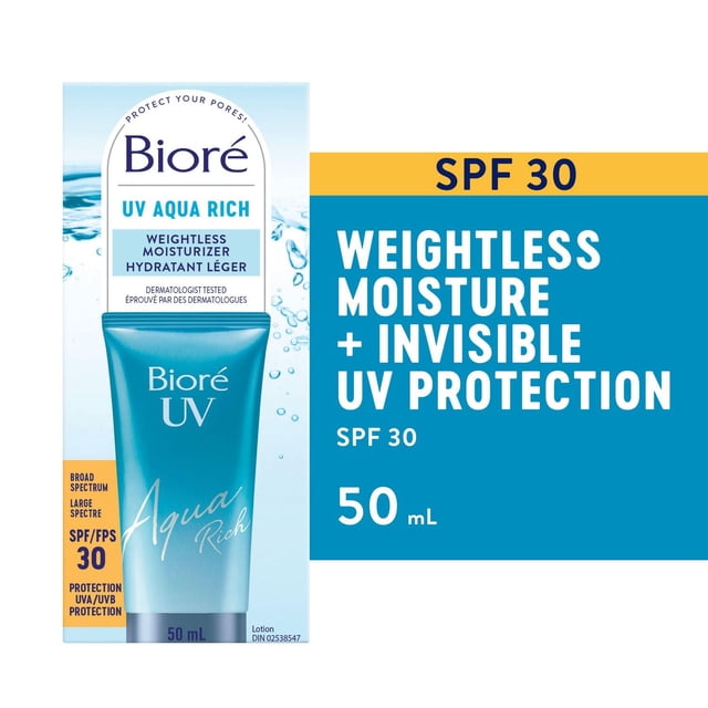 Bioré UV Aqua Rich Weightless Moisturizer SPF 30 in a 50mL blue gradient tube on packaging with water splash graphics, offering broad spectrum UVA/UVB protection and hydrating, lightweight sun protection suitable for daily face use.