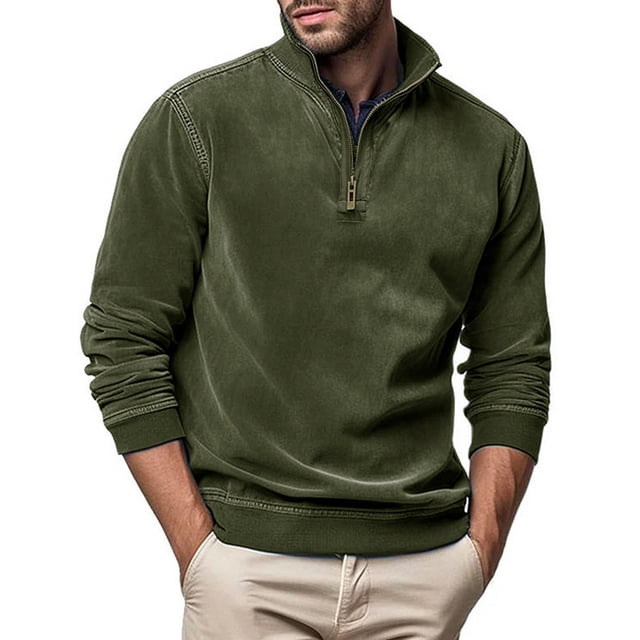 RXIRUCGD Blouse pour Homme, Mode Décontractée, Couleur Unie, Fermeture Éclair, Manches Longues, Col Montant, Vert Armée, Taille : 2TG