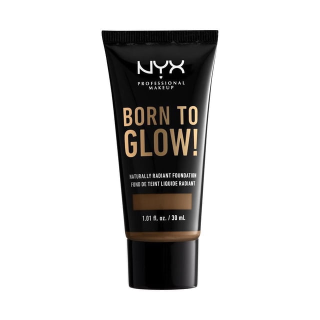NYX Professional Makeup Born to Glow! Naturally Radiant Foundation in a 30 mL black squeeze tube with beige and white text, featuring buildable medium coverage liquid foundation that enhances natural skin glow and blends seamlessly, often used to create a smooth, even-toned complexion.