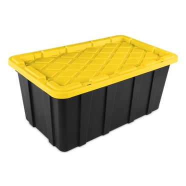 Sterilite Industrial Storage Tote, 144 L Durable Plastic Storage Bin with Snap-Fit Lid,Black/Yellow - Pk