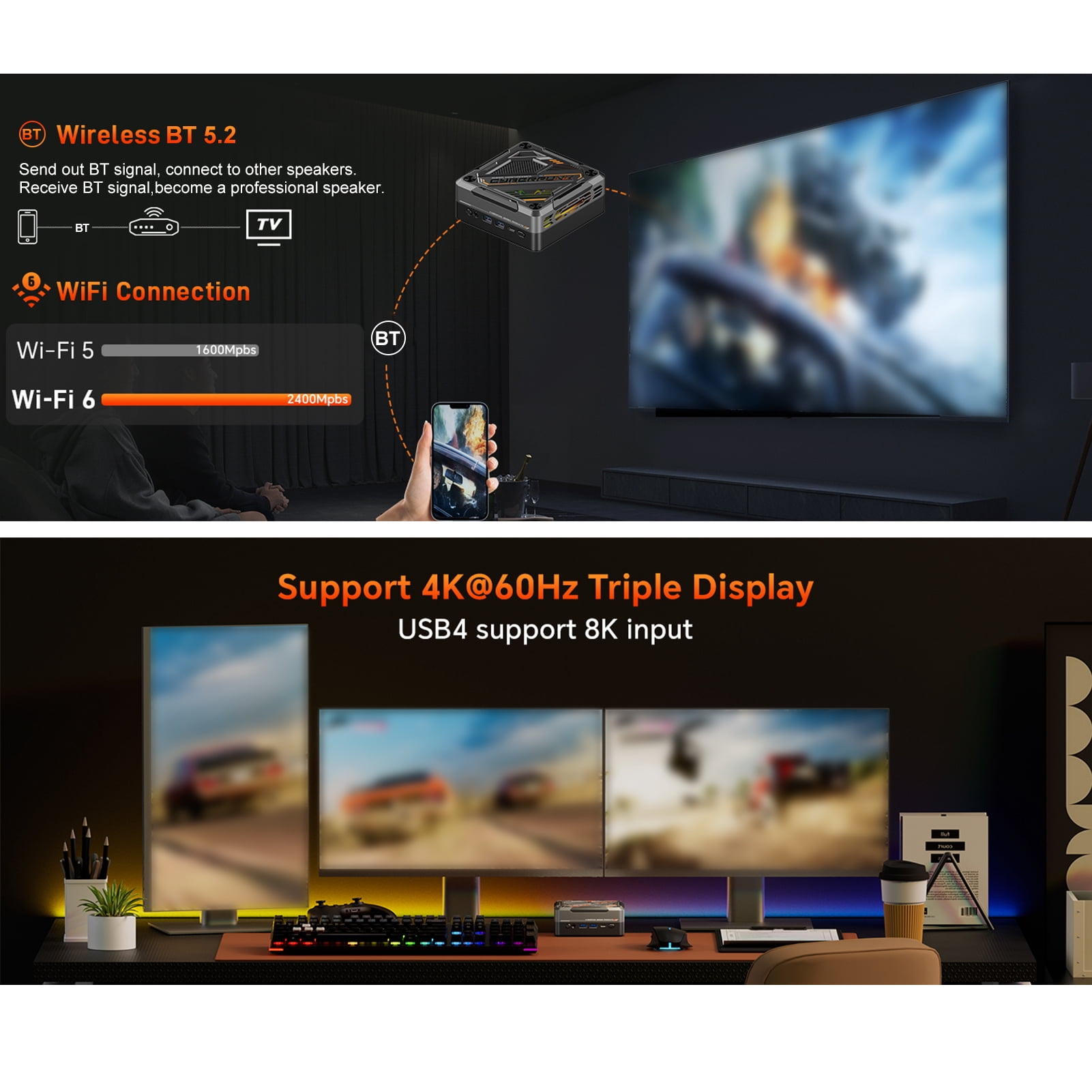 Windows 11 Pro Desktop PC, AMD Ryzen 7 7840HS, 32GB DDR5 RAM, 1TB SSD, WIFI6 BT5.2 USB4, 4K Triple Screen