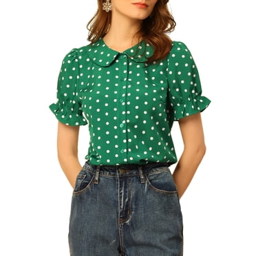 INSPIRE CHIC Women's Polka Dots Shirt Short Puff Sleeve Vintage Button Up Peter Pan Collar Blouse Tops M Dark Green
