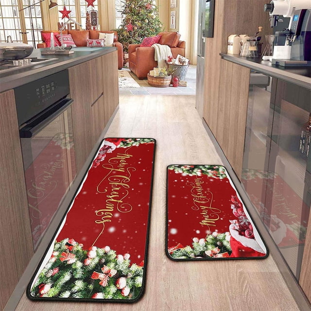 EQWLJWE Christmas Kitchen Mats for Floor,Christmas Kitchen Rugs Set of 2,Christmas Kitchen Rugs and Mats for Floor Non-Slip Backing Mat,Christmas Kitchen Decor,Anti Fatigue Kitchen Rug with Runner