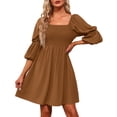 thumbnail image 2 of RKSTN Robes pour Femmes Décontractées Col Carré Manches Bouffantes 3/4 Poitrine Froncée Épaules Dénudées Robe Babydoll Mini, 2 of 9