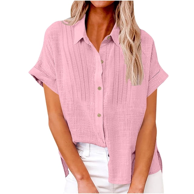 fheaev Button Down Shirts For Womens Dress Shirts Roll Up Short Sleeve Collared Blouses Lapel Neck Work Office Business Button Shirt Tunic Textured Top With Pockets