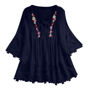 Lixiuxyad Women Vintage Lace Patchwork Bow V Neck Three Quarter Blouses Top T Shirt Blue XXL