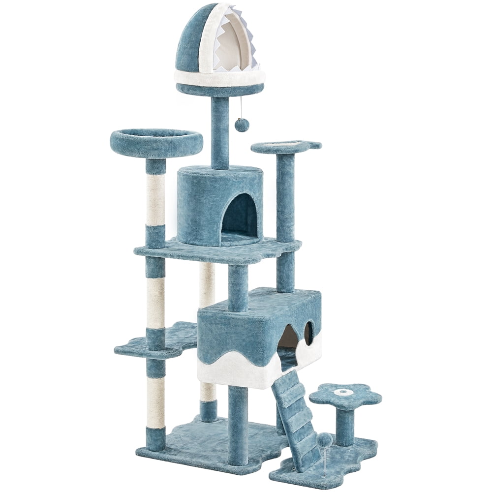 Yaheetech Ocean-Themed Cat Tree Tower with 2 Condos, 2 Perches, Scratching Posts, Blue/White