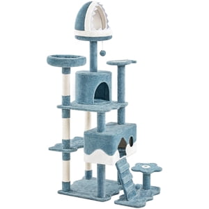 Yaheetech Ocean-Themed Cat Tree Tower with 2 Condos, 2 Perches, Scratching Posts, Blue/White