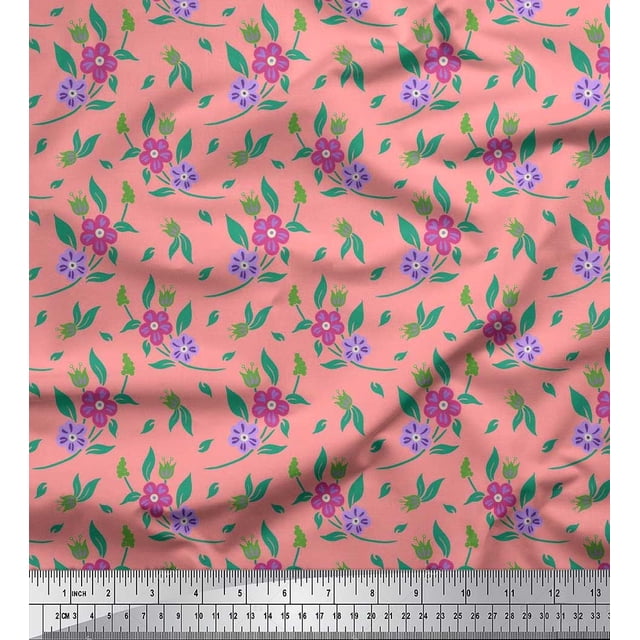 Soimoi Rayon Crepe Fabric Leaves & Periwinkle Floral Print Fabric by the Yard 46 Inch Wide