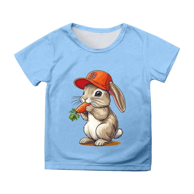 PMVFHDE T-Shirt Graphique à Manches Courtes Imprimé Lapin de Pâques pour Enfants, Col Rond, Décontracté, Printemps Été, Bleu Ciel, 8-9 Ans